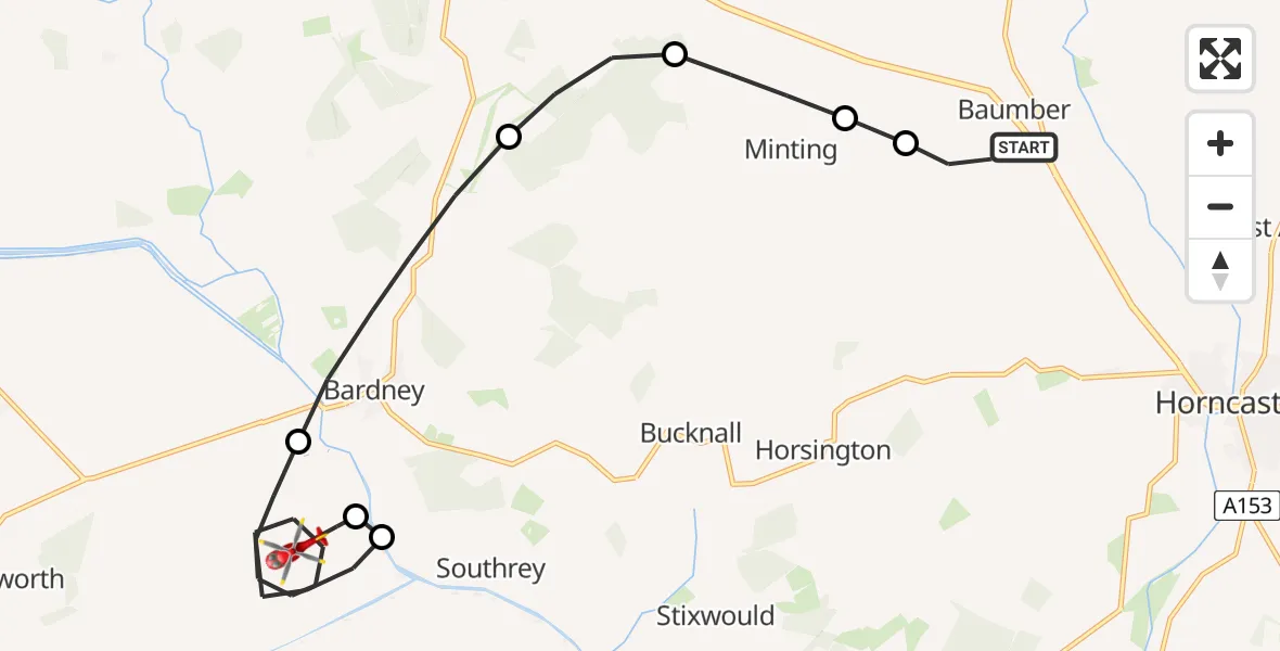 Flight path map showing Air Ambulance Helicopter route from Baumber to North Kesteven