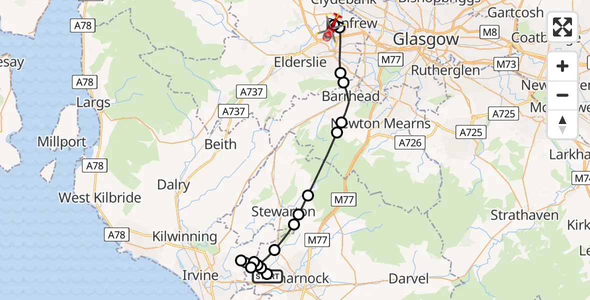 Flight path map showing Air Ambulance Helicopter route from Crosshouse University Hospital to Glasgow Airport