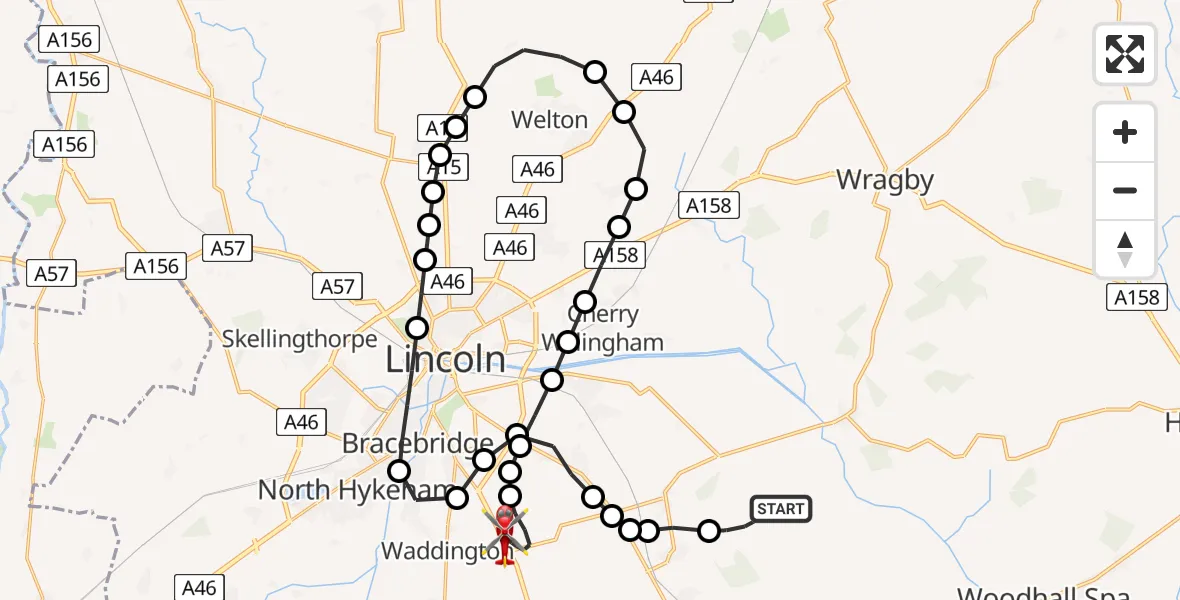 Flight path map showing Air Ambulance Helicopter route from North Kesteven to North Kesteven
