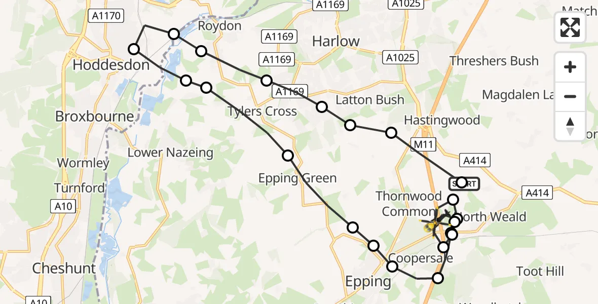 Flight path map showing Police Helicopter route from North Weald Airfield to North Weald Bassett