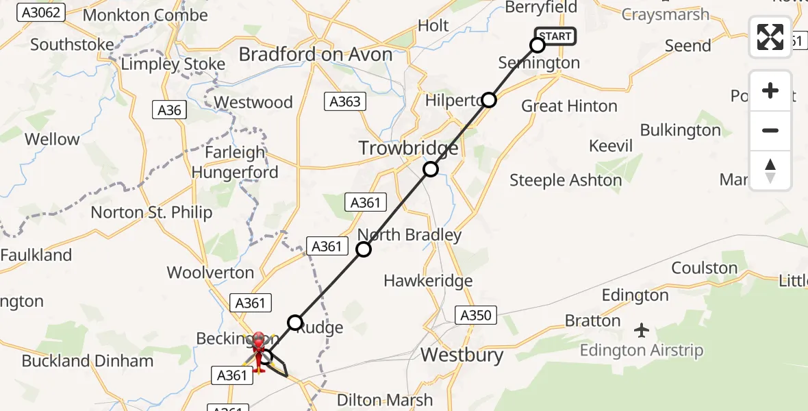 Flight path map showing Air Ambulance Helicopter route from Wiltshire Air Ambulance to Beckington