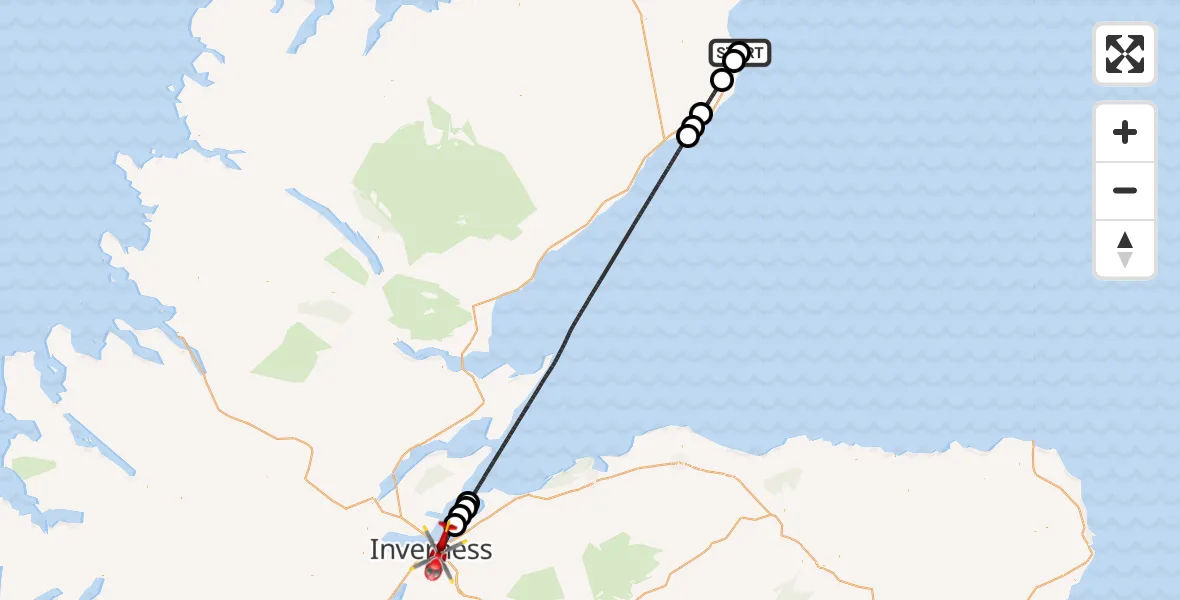 Flight path map showing Air Ambulance Helicopter route from Wick John O'Groats Airport to Inverness