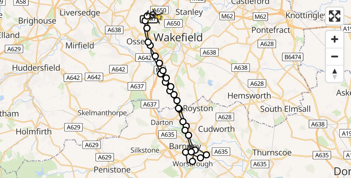 Flight path map showing Police Helicopter route from East Ardsley to East Ardsley