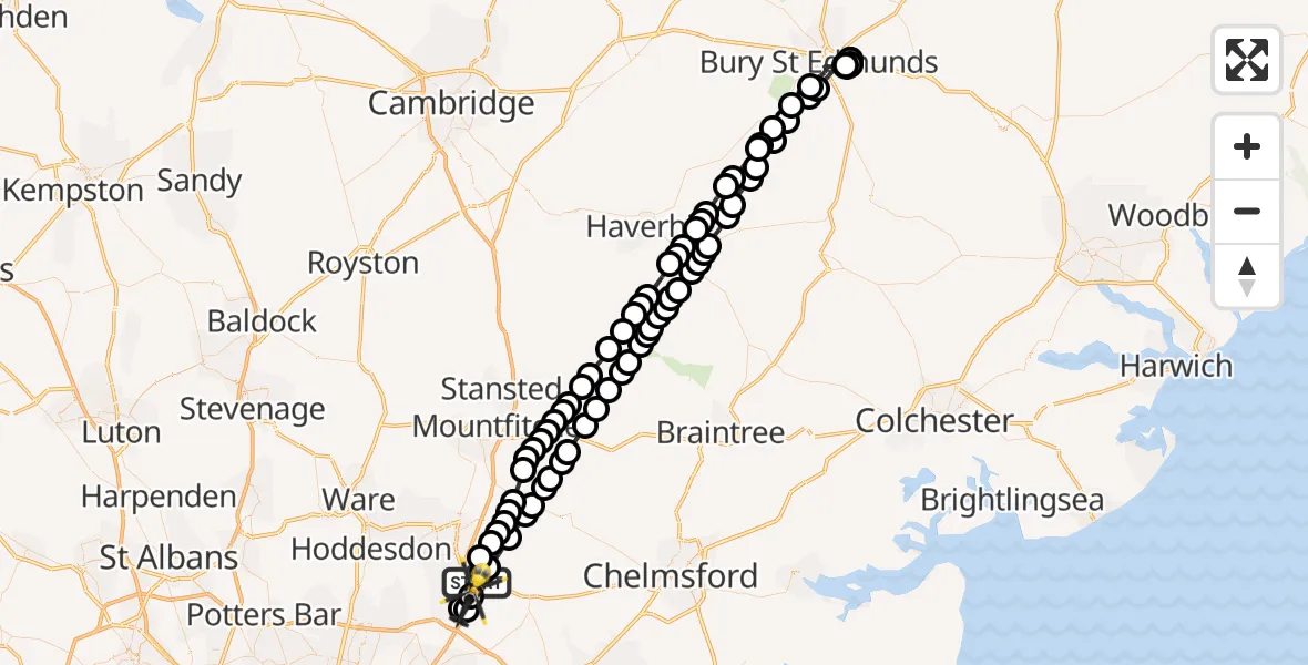 Flight path map showing Police Helicopter route from North Weald Airfield to North Weald Airfield