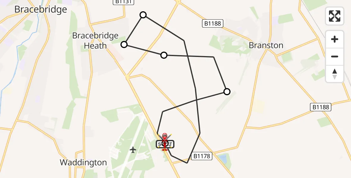 Flight path map showing Air Ambulance Helicopter route from RAF Waddington to North Kesteven
