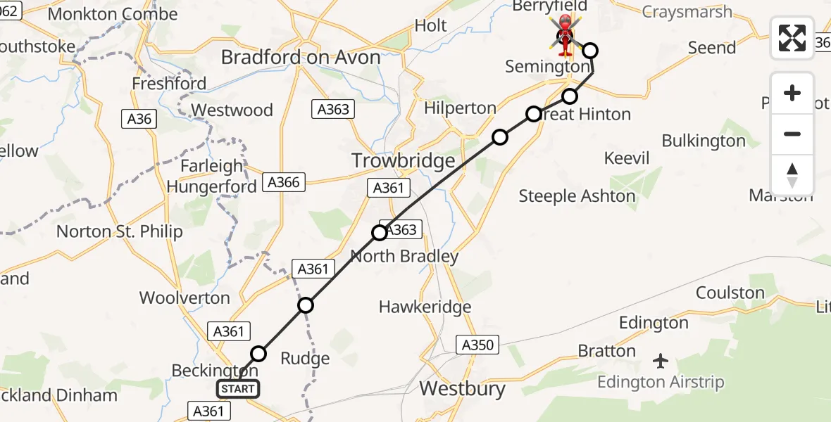 Routekaart van de vlucht: Air Ambulance Helicopter to Wiltshire Air Ambulance