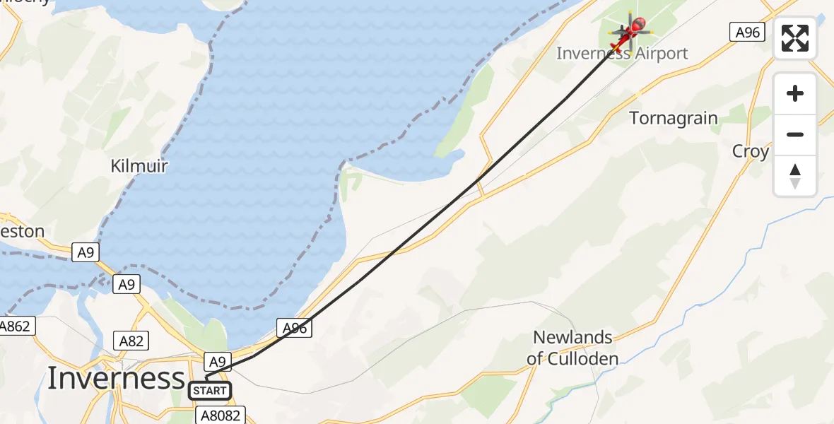Flight path map showing Air Ambulance Helicopter route from Inverness to Inverness Airport