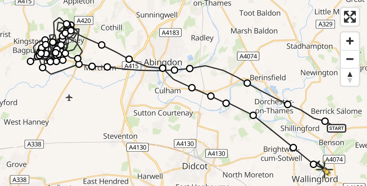 Flight path map showing Police Helicopter route from Berrick Salome to Crowmarsh Gifford