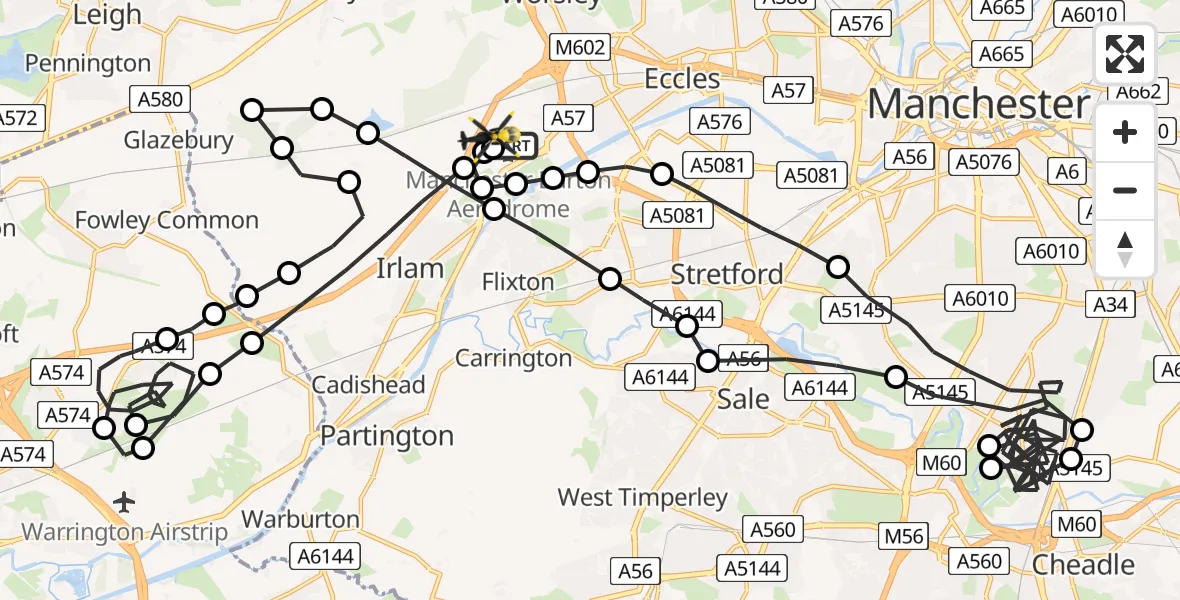 Flight path map showing Police Helicopter route from Manchester Barton Aerodrome to Worsley