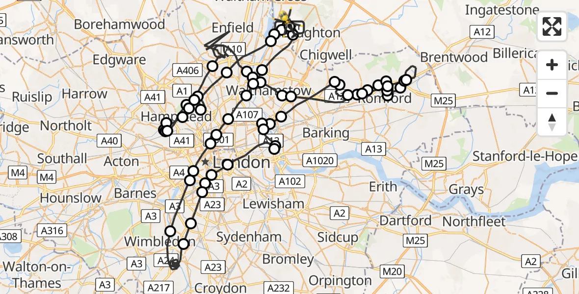 Flight path map showing Police Helicopter route from Metropolitan Police Air Support Unit Lippitts Hill to Metropolitan Police Air Support Unit Lippitts Hill
