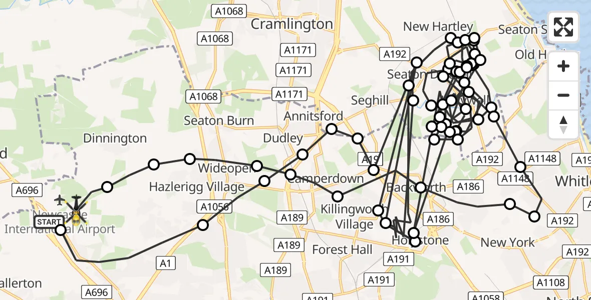 Flight path map showing Police Helicopter route from Newcastle International Airport to Newcastle International Airport