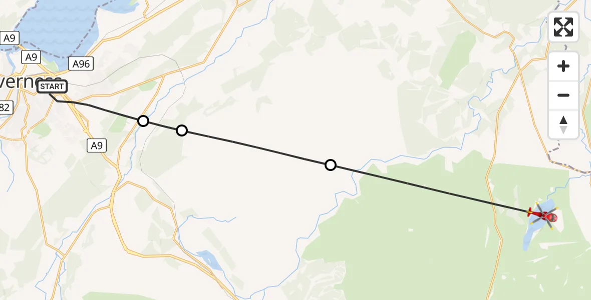 Flight path map showing Air Ambulance Helicopter route from Inverness to Lochindorb