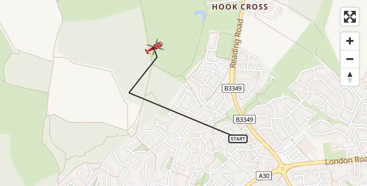 Routekaart van de vlucht: Air Ambulance Helicopter to Hook, John Morgan Close