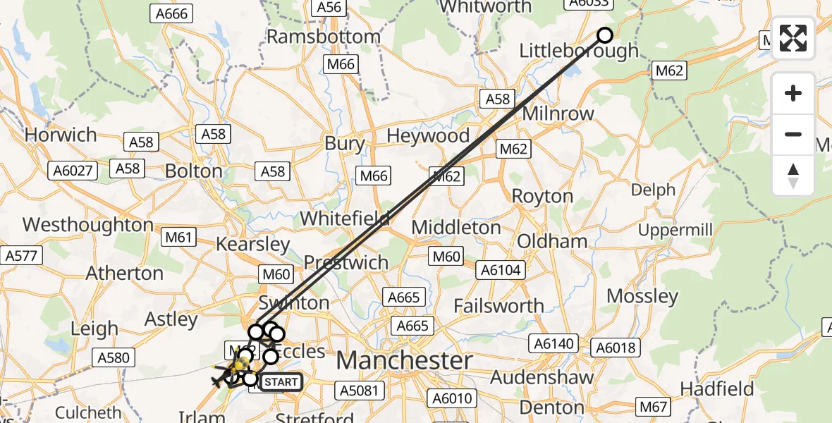 Flight path map showing Police Helicopter route from Urmston to Worsley