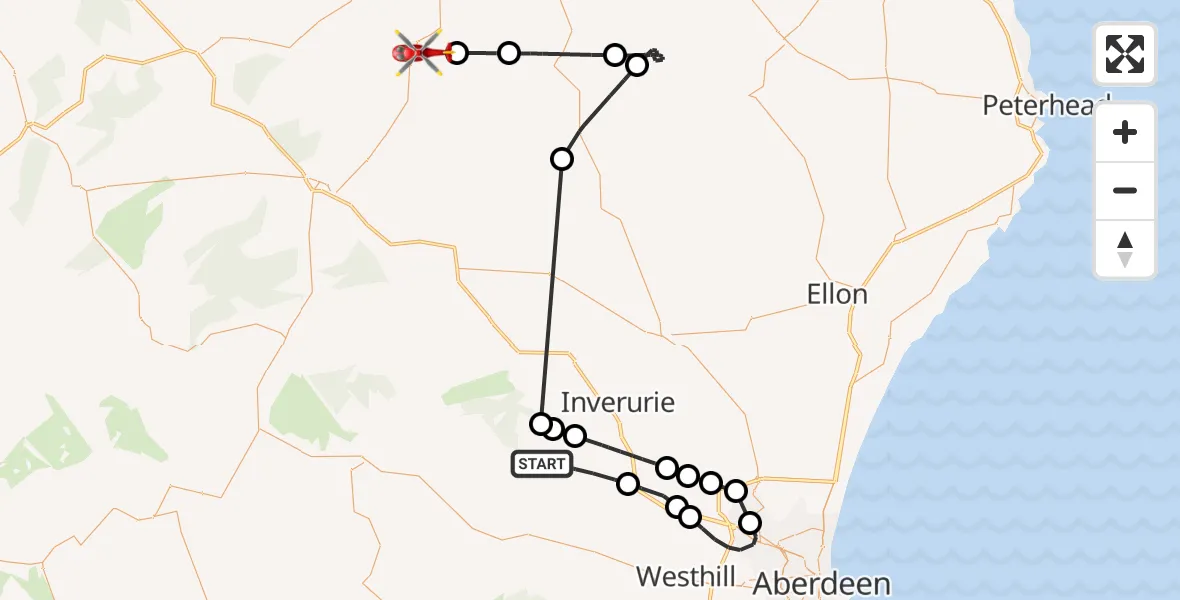 Flight path map showing Air Ambulance Helicopter route from Kemnay to Aberchirder