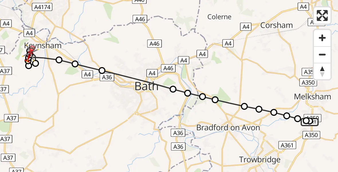 Flight path map showing Air Ambulance Helicopter route from Wiltshire Air Ambulance to Bristol