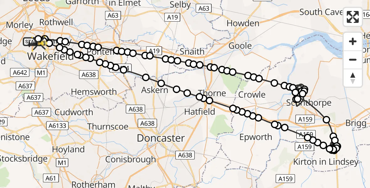 Flight path map showing Police Helicopter route from East Ardsley to Wrenthorpe
