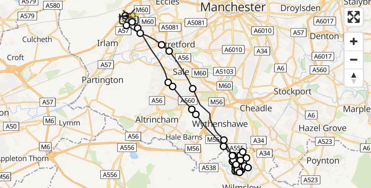 Flight path map showing Police Helicopter route from Manchester Barton Aerodrome to Manchester Barton Aerodrome