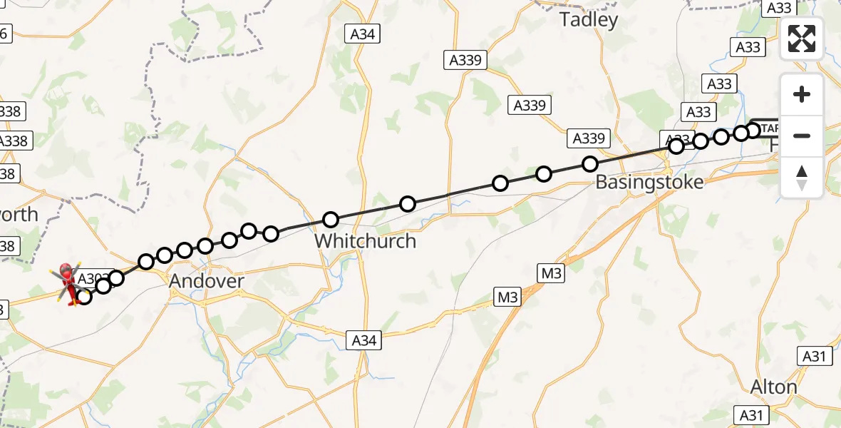 Flight path map showing Air Ambulance Helicopter route from Rotherwick to Thruxton Aerodrome