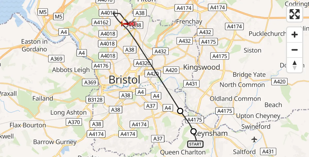 Flight path map showing Air Ambulance Helicopter route from Bristol to Bristol