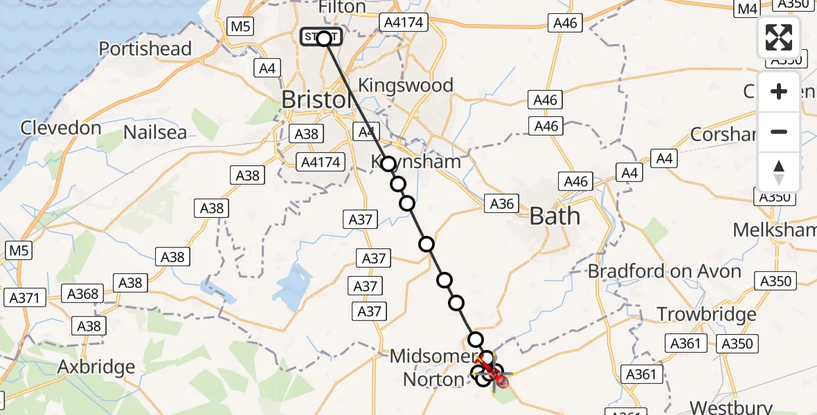 Routekaart van de vlucht: Air Ambulance Helicopter to Kilmersdon, Frome Road