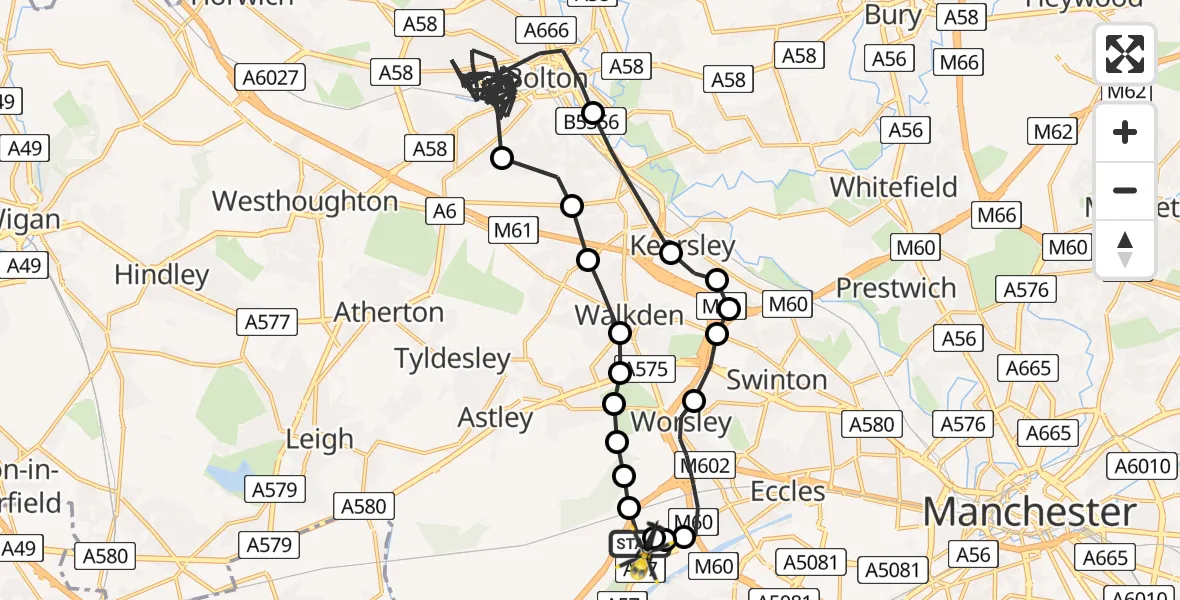 Flight path map showing Police Helicopter route from Manchester Barton Aerodrome to Manchester Barton Aerodrome