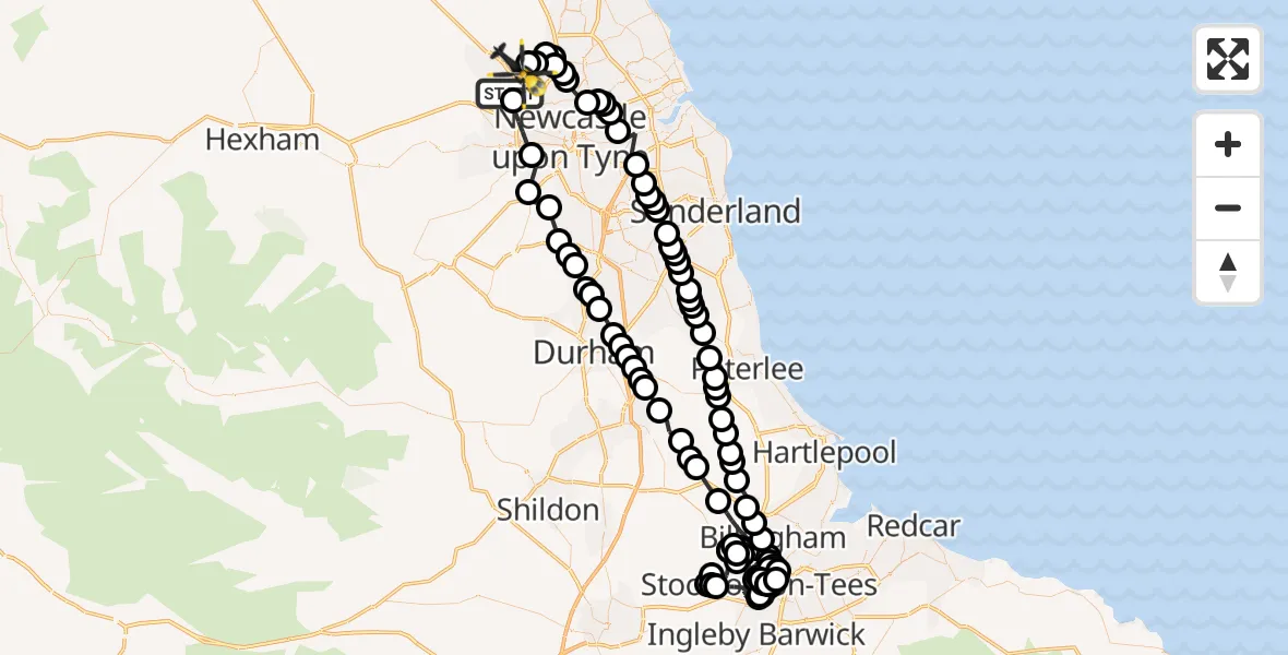 Flight path map showing Police Helicopter route from Callerton to Newcastle International Airport