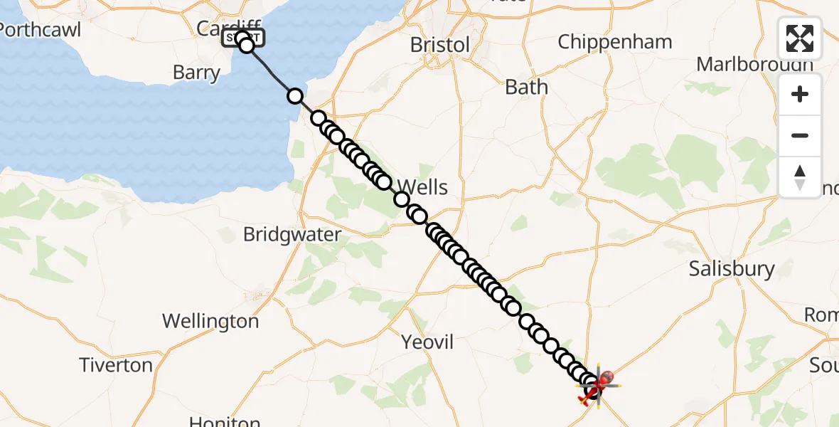 Flight path map showing Air Ambulance Helicopter route from Cardiff Heliport to Blandford Forum