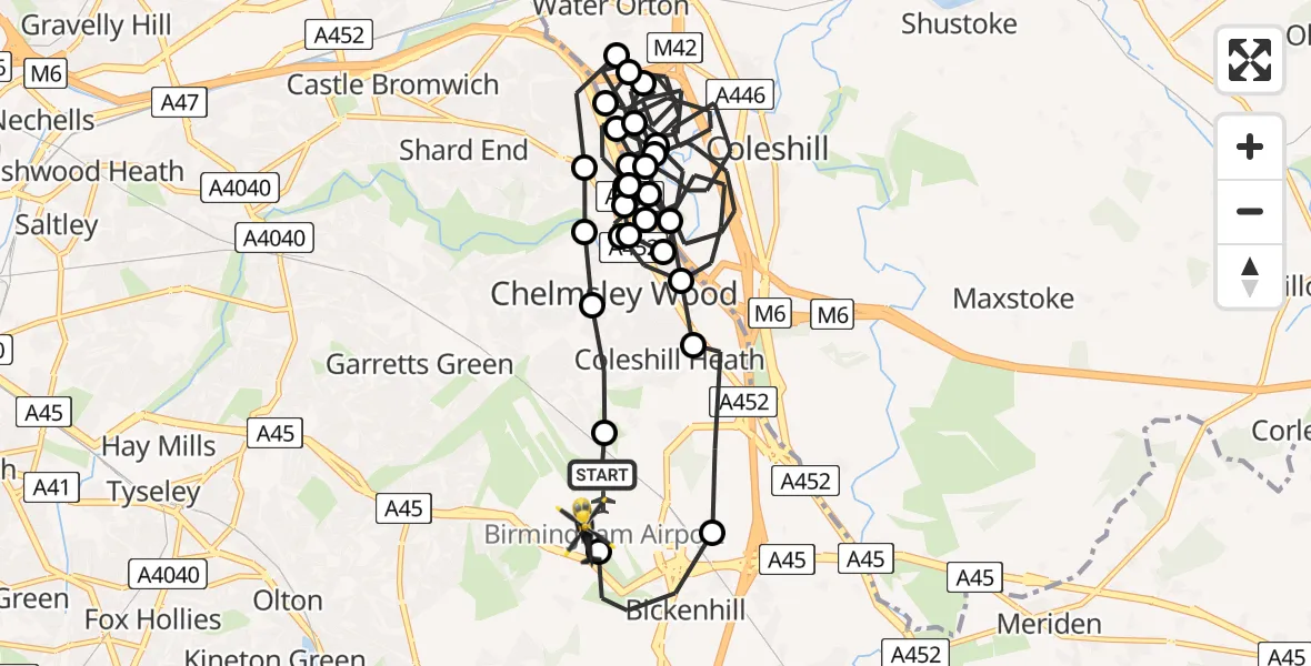Flight route Police Helicopter Birmingham Airport - Birmingham Airport, 23 March 2026, 04:01