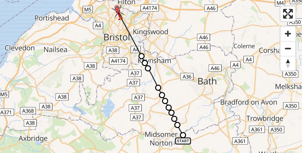 Routekaart van de vlucht: Air Ambulance Helicopter to Bristol, Bishop Manor Road