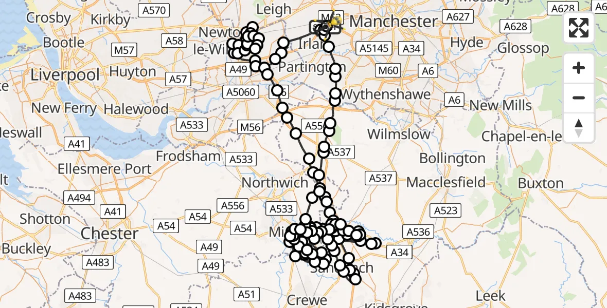 Flight path map showing Police Helicopter route from Manchester Barton Aerodrome to Worsley