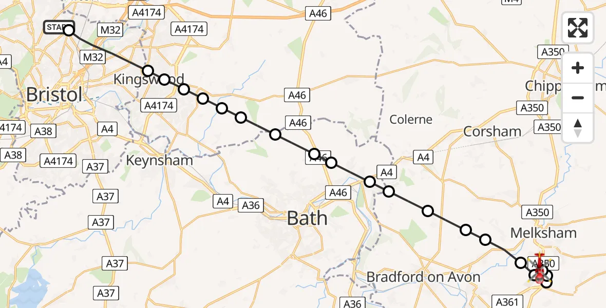 Flight path map showing Air Ambulance Helicopter route from Southmead Hospital to Wiltshire Air Ambulance