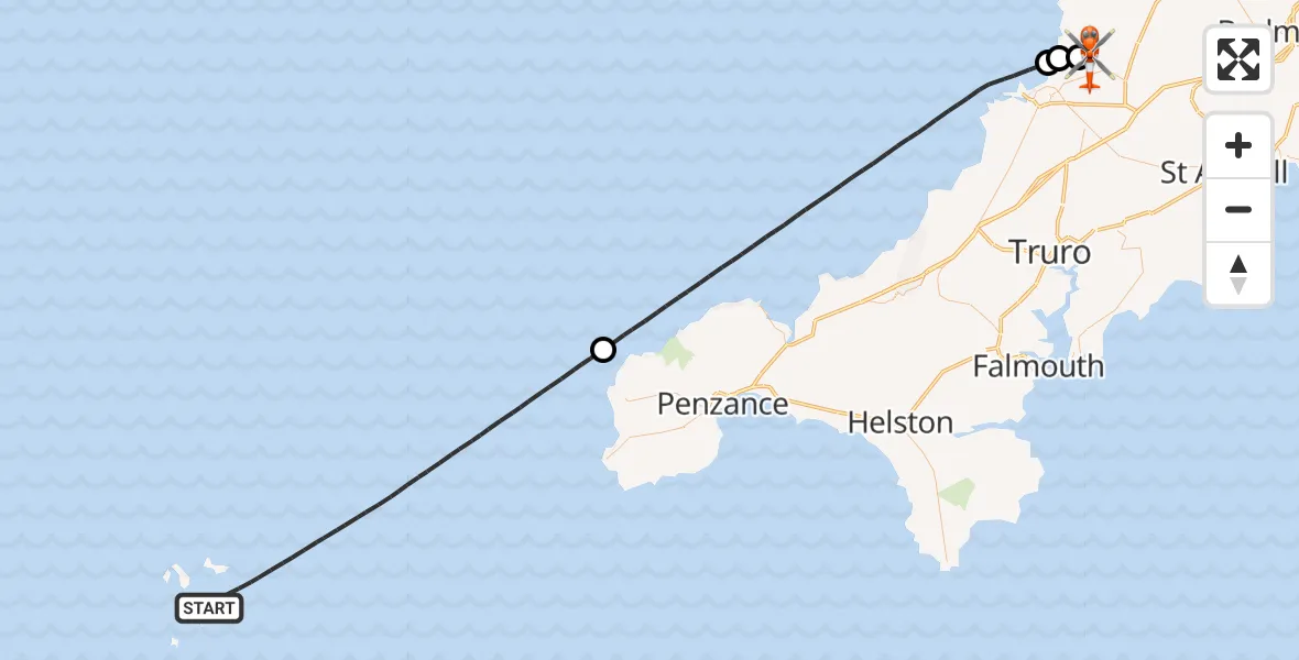 Flight path map showing Coastguard Helicopter route from North Atlantic Ocean to Cornwall Airport Newquay