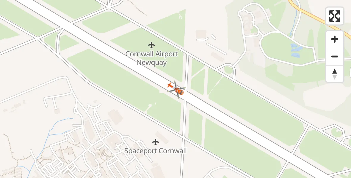 Flight path map showing Coastguard Helicopter route from Cornwall Airport Newquay to Cornwall Airport Newquay