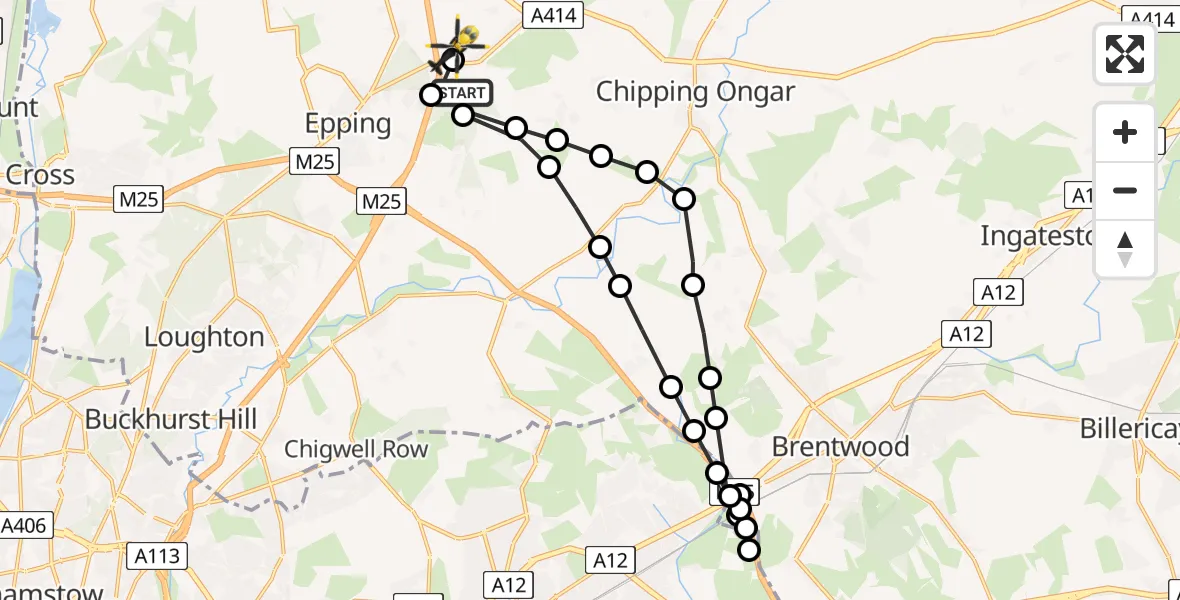 Flight path map showing Police Helicopter route from Coopersale to North Weald Airfield