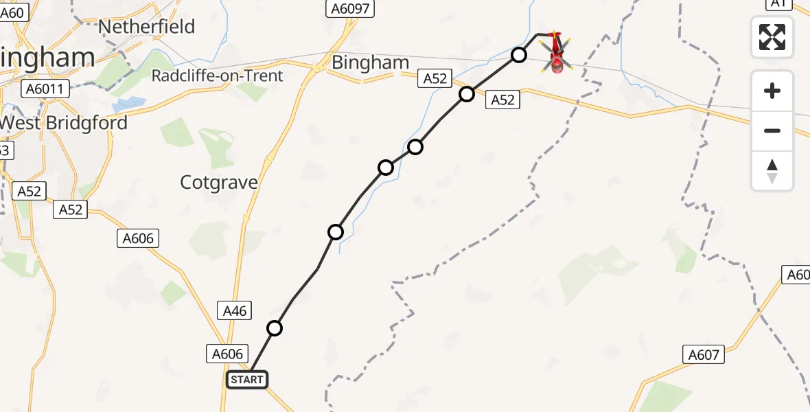 Flight path map showing Air Ambulance Helicopter route from Hickling to Orston