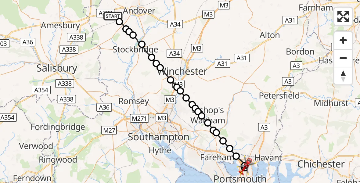 Flight path map showing Air Ambulance Helicopter route from Amport to Portsmouth