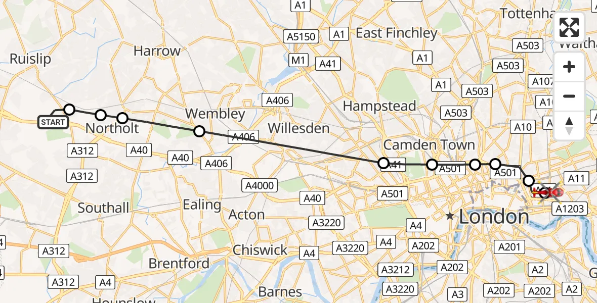 Flight path map showing Air Ambulance Helicopter route from RAF Northolt to Royal London Hospital