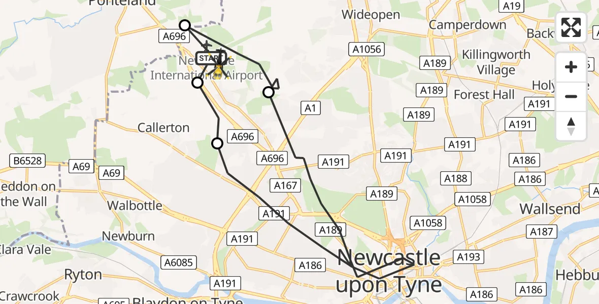 Flight path map showing Police Helicopter route from Newcastle International Airport to Newcastle upon Tyne