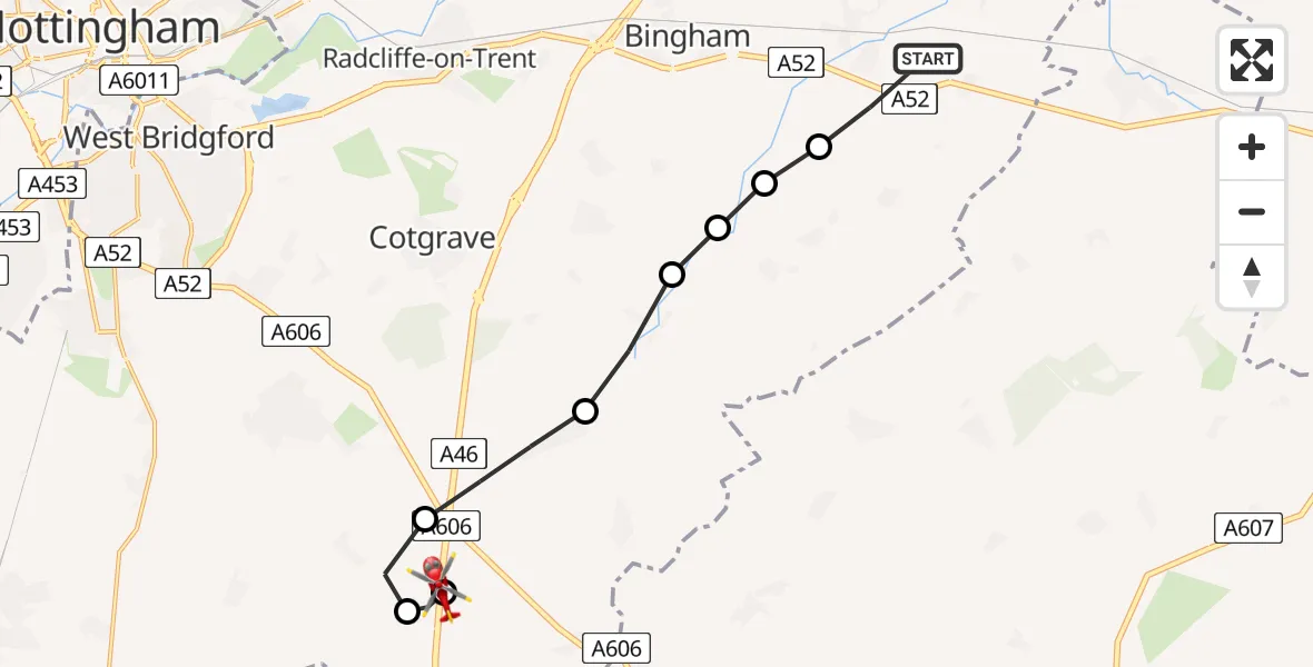 Flight path map showing Air Ambulance Helicopter route from Whatton-in-the-Vale to Nottingham Heliport