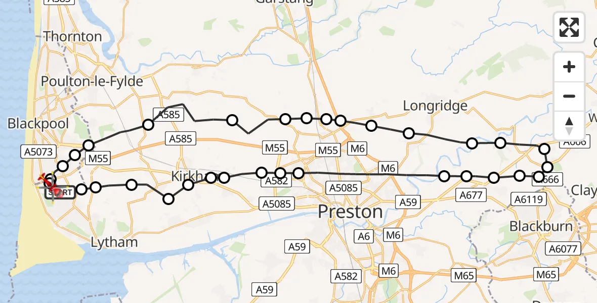 Flight path map showing Air Ambulance Helicopter route from Blackpool Airport to Blackpool Airport