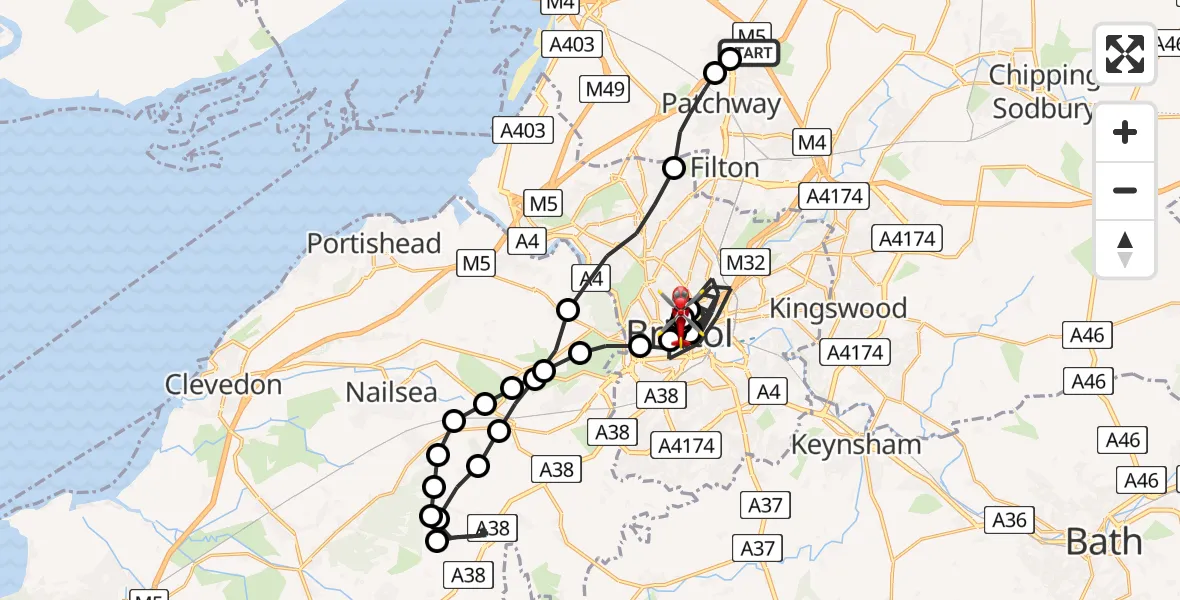 Flight path map showing Air Ambulance Helicopter route from Almondsbury Helicopter Base to Bristol Royal Infirmary