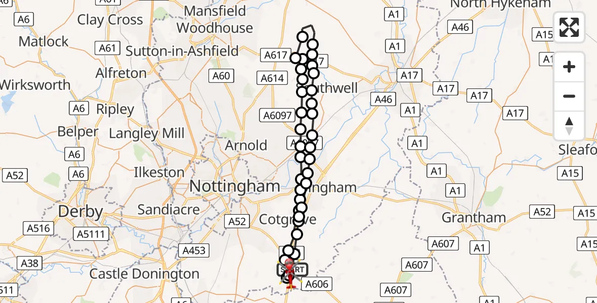 Flight path map showing Air Ambulance Helicopter route from Hickling to Nottingham Heliport