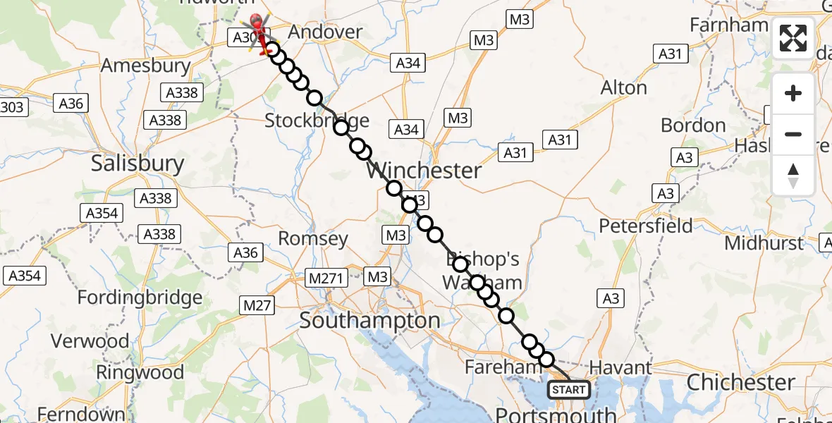 Flight path map showing Air Ambulance Helicopter route from Portsmouth to Thruxton