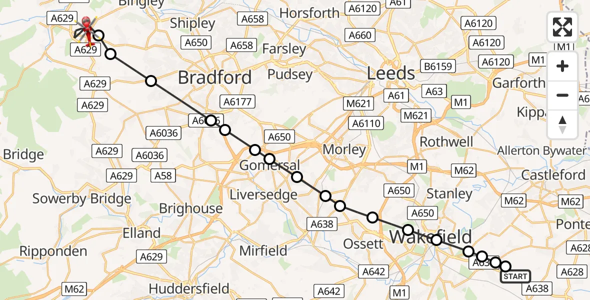 Flight path map showing Air Ambulance Helicopter route from YAA Nostell Helicopter Port to Cullingworth