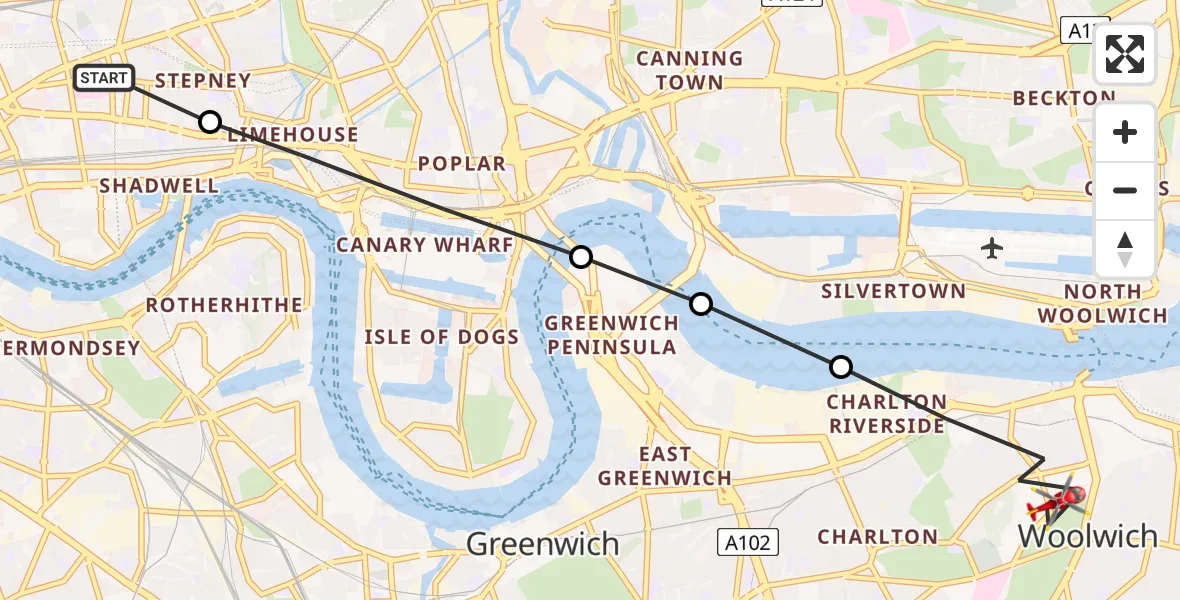 Flight path map showing Air Ambulance Helicopter route from Royal London Hospital to Royal Borough of Greenwich