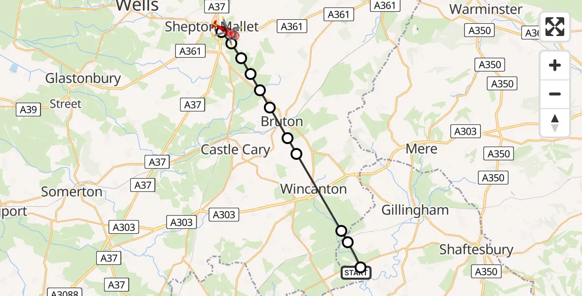 Flight path map showing Air Ambulance Helicopter route from Henstridge Airfield to Shepton Mallet