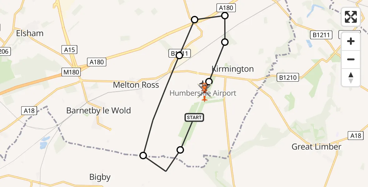 Flight path map showing Coastguard Helicopter route from Humberside Airport to Humberside Airport