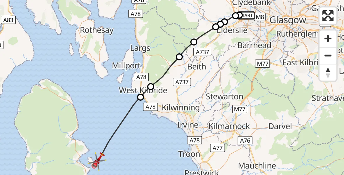 Flight path map showing Air Ambulance Helicopter route from Glasgow Airport to Inner Seas