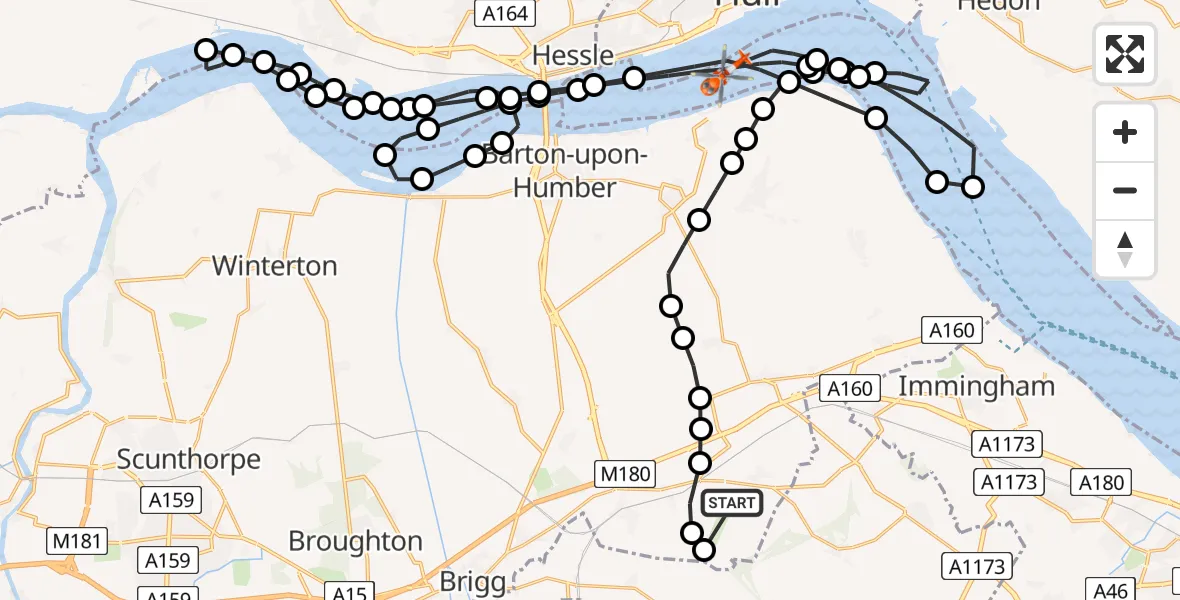 Flight path map showing Coastguard Helicopter route from Humberside Airport to North Sea